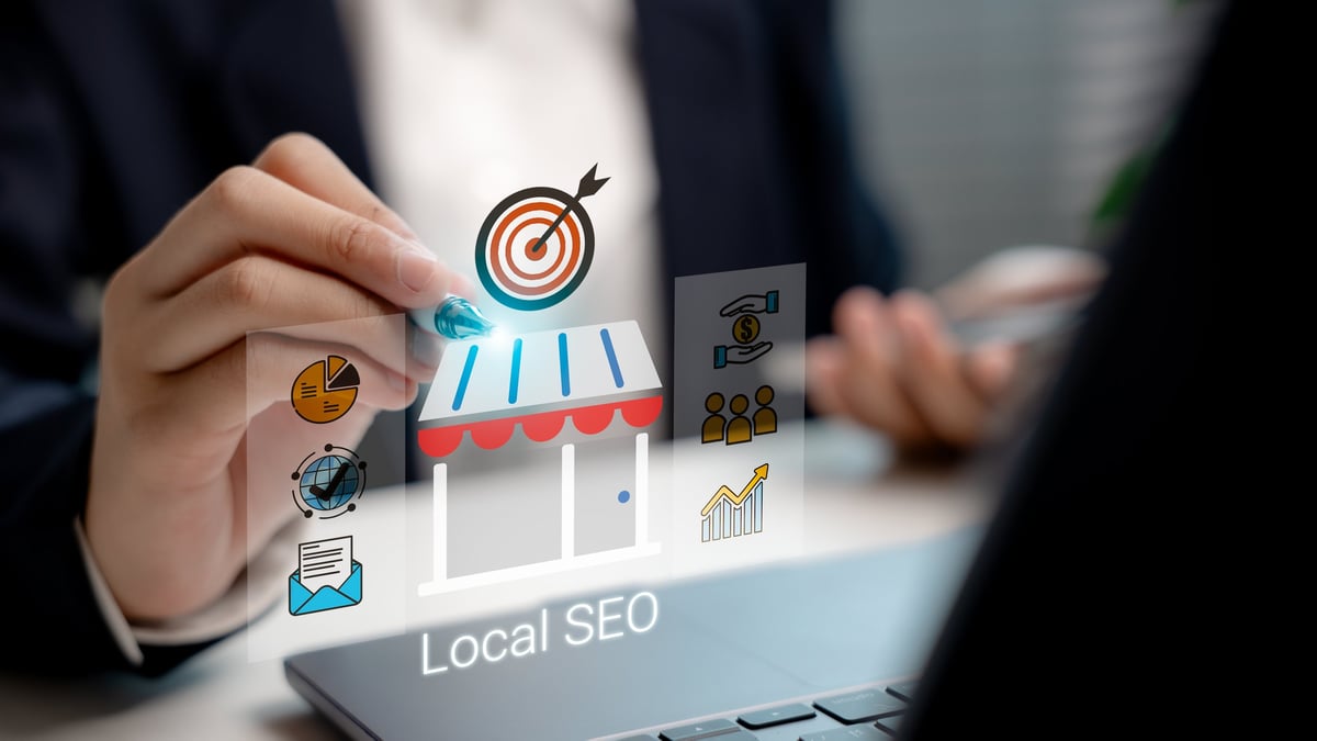 Local SEO strategy shown on a virtual interface with a storefront graphic